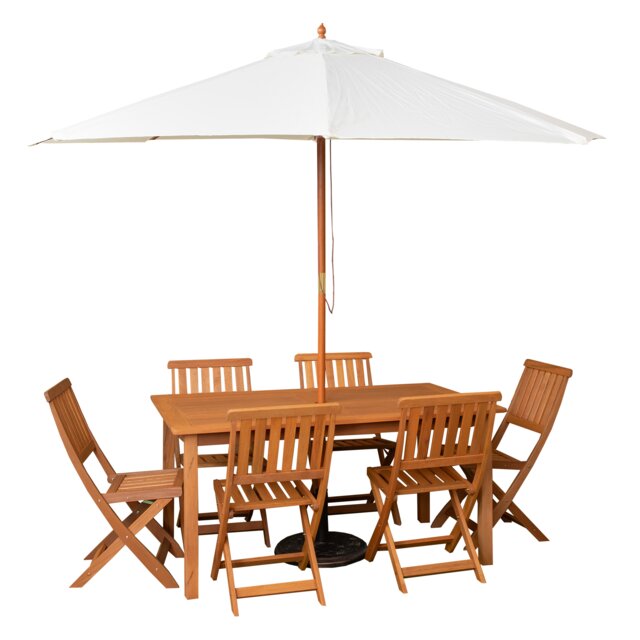 Outdoor 6 Person Rectangular Wooden Garden Patio Dining Table Chairs with Cream Parasol and Base Set