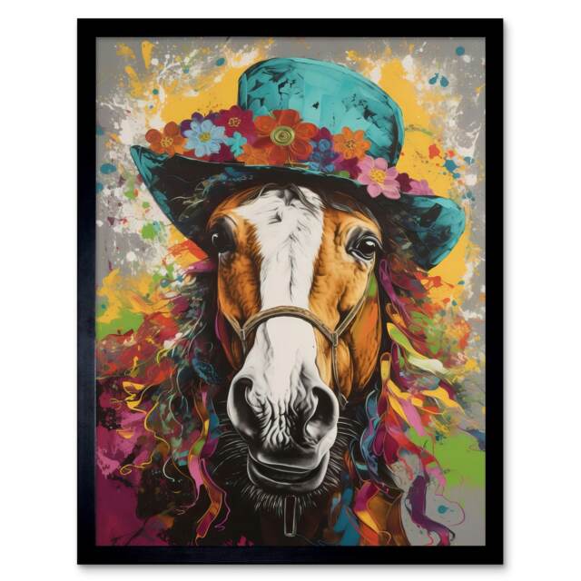 "Horse Wearing a Flower Summer Hat Multicoloured 12x16"" Framed Wall Art Print"