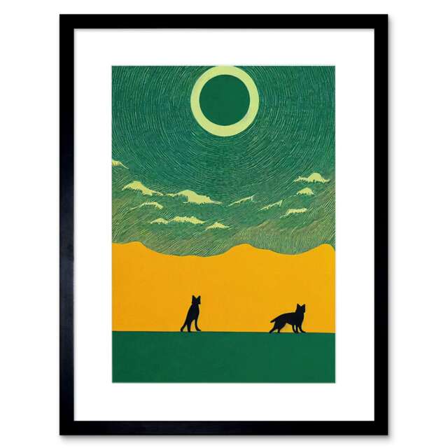 "Abstract Wolves Minimalist Surreal Sky Green Yellow 9x7"" Black Framed Wall Art Print"