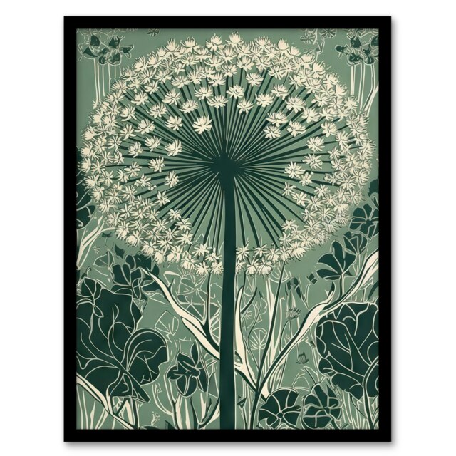 Single Allium Flower Modern Green White Black Framed Wall Art Print A4