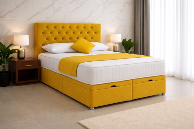 End Opening Ottoman Divan Bed Set 6ft Super king Mustard Plush