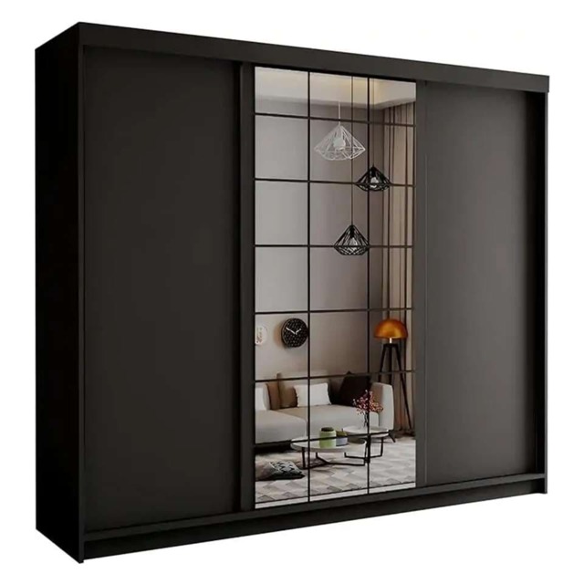 Modern Sliding Mirror Wardrobe with Drawers, Shelves & Hanging Rails