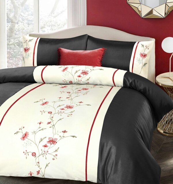 Intimates Luxury Faux Silk Emboridered Sapphire Duvet Cover & Pillowcase Set Black Cream Single