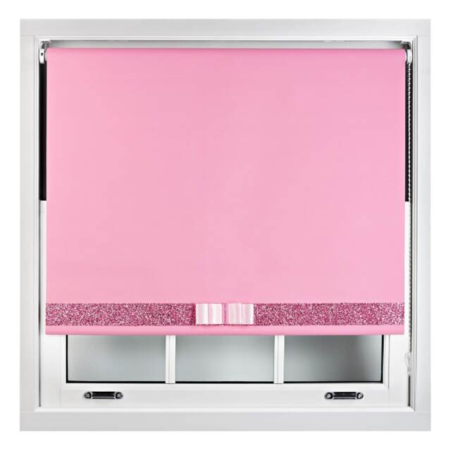 FURNISHED Blackout Roller Blind with Pink Glitter Trim and Pink Bow Trimmable Window Shade Pink Pink (W) 230cm x (L) 165cm