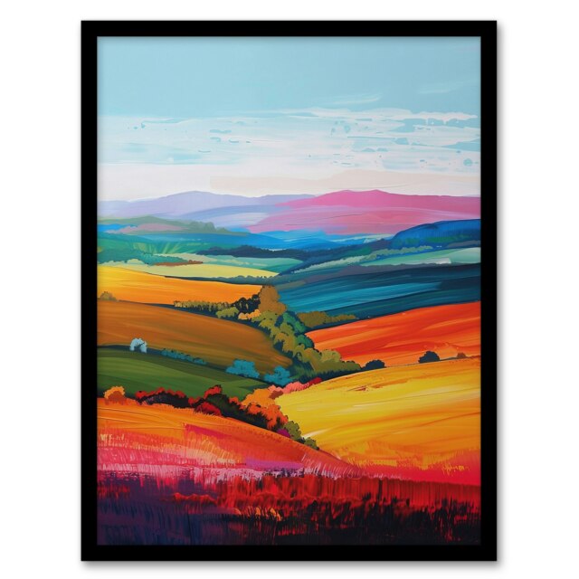 Colourful Country Fields Rainbow Landscape Black Framed Wall Art Print A4