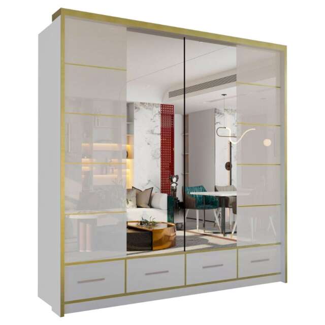 Sliding Wardrobes 4U Sydney High Gloss Sliding Wardrobe with Mirror, LED & Drawers - 203cm or 253cm White White120cm 203cm