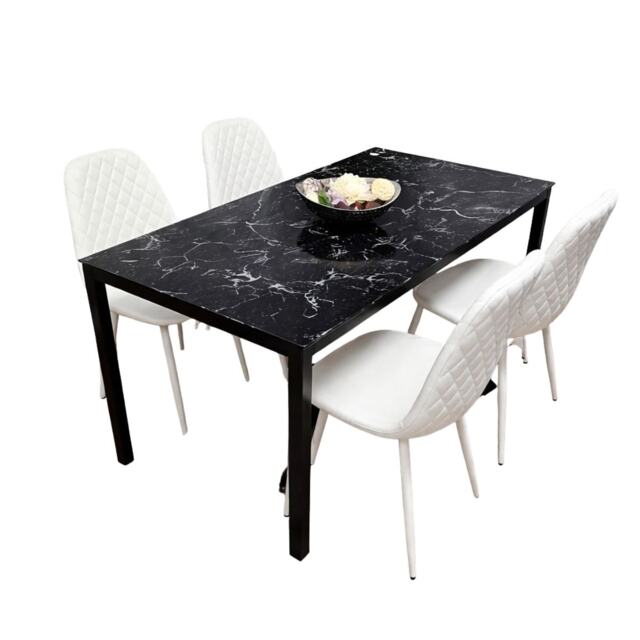 Black Marble Effect Dining Table with 4 White Gem Pattern Faux Leather Chairs