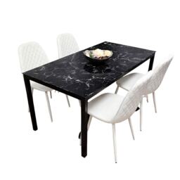 Black Marble Effect Dining Table with 4 White Gem Pattern Faux Leather Chairs