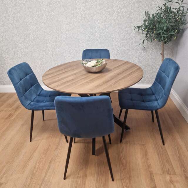 KOSY KOALA 4 Seater Round Dining Table with Wood Effect Tabletop Black Metal X Shaped Legs & 4 Blue Velvet Chairs for Kitchen Dining Room Furniture Set