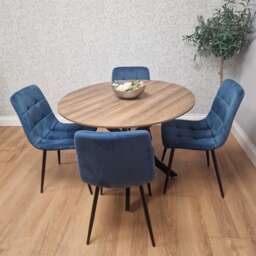 KOSY KOALA 4 Seater Round Dining Table with Wood Effect Tabletop Black Metal X Shaped Legs & 4 Blue Velvet Chairs for Kitchen Dining Room Furniture Set