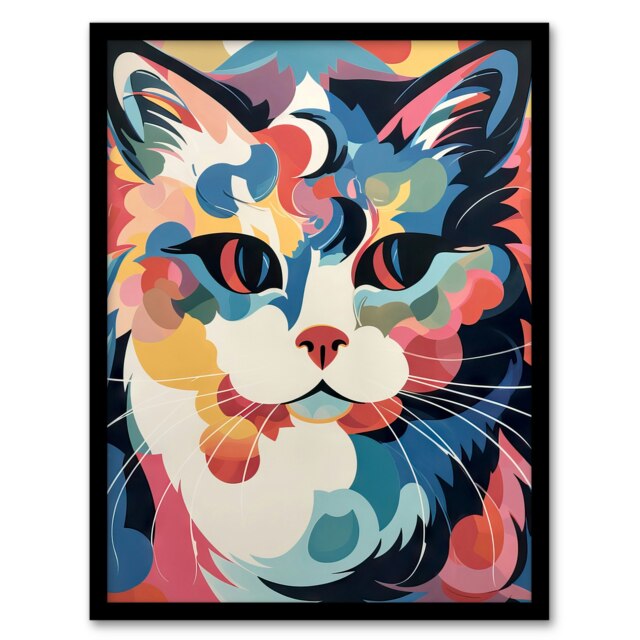 Cat Graphic 1960s Abstract Pastel Colour Black Framed Wall Art Print A4