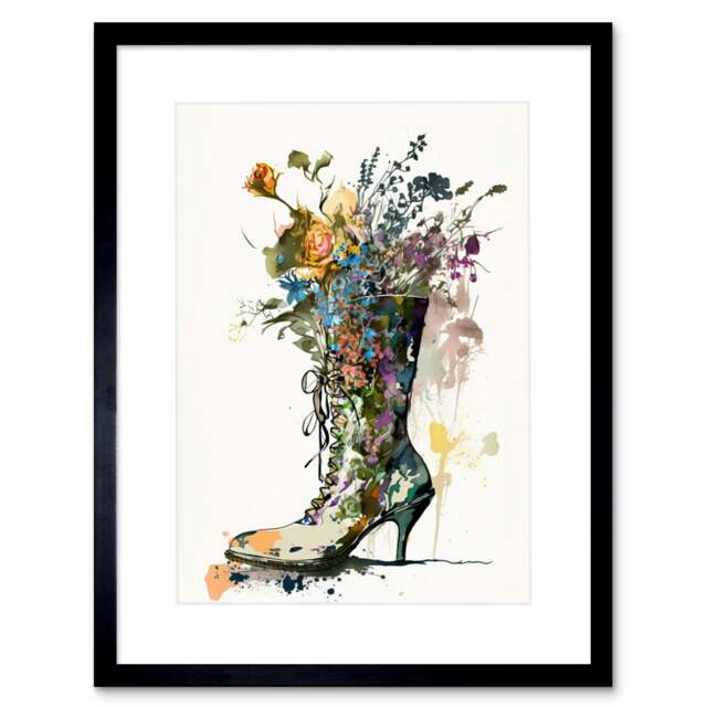 "Spring Wildflower Bouquet High Heel Floral Boot 9x7"" Black Framed Wall Art Print"