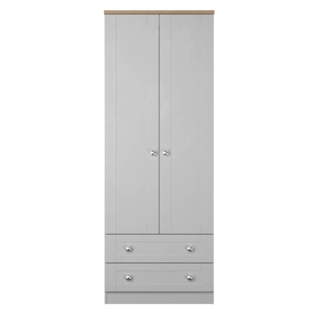 Cumbria Tall 2 Drawer Double Wardrobe in Grey Ash & Bardolino Oak (Ready Assembled) Grey Grey Ash & Bardolino Oak