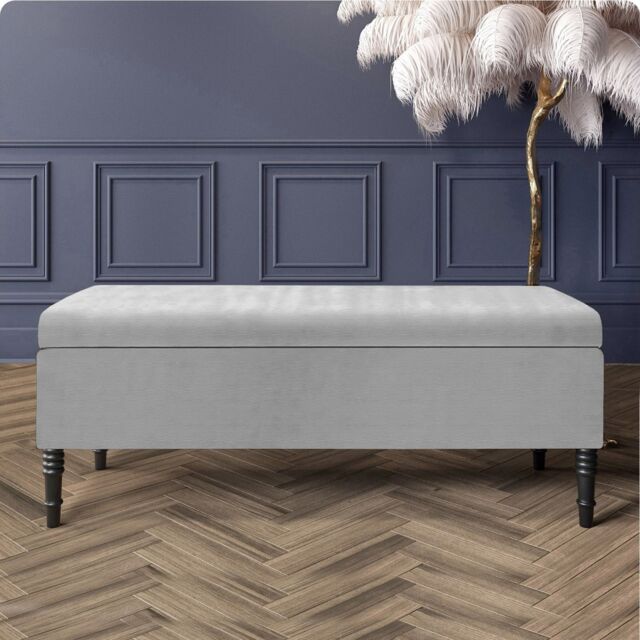 150cm Paris Plain Ottoman Storage Bench - Naples Shoes Bench with Black Turned Wooden Legs - Silver Upholstery Storage Footstool