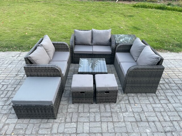 Fimous 9 Seater Outdoor Garden Furniture Sets Wicker Rattan Furniture Sofa Sets with Square Coffee Table Love seat Sofa 3 Footstools Side Table