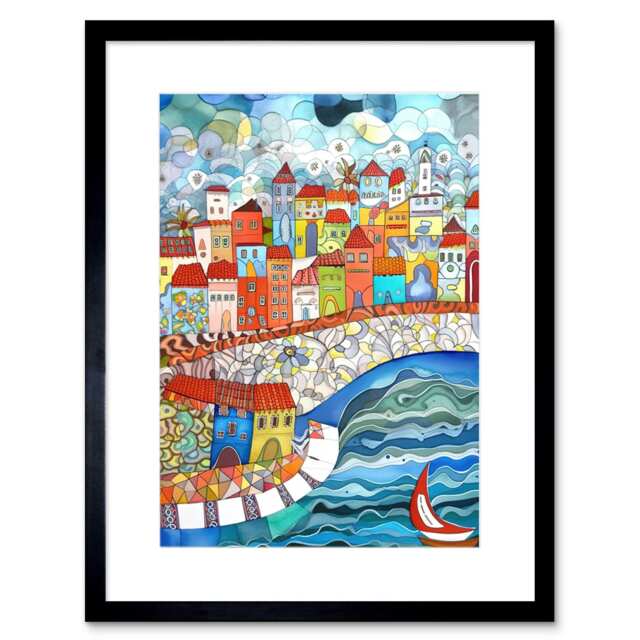 "Colourful COastal Town Italy Seaside Folk Art 9x7"" Black Framed Wall Art Print"