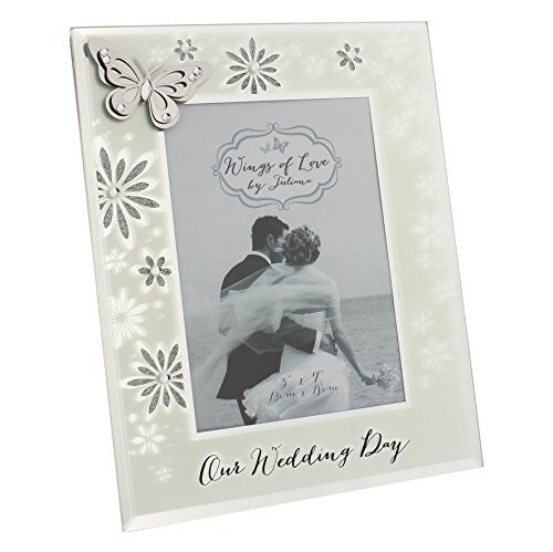 "Juliana Wings of Love Butterfly Glass 5"" x 7"" Wedding Day Photo Frame with glitter"
