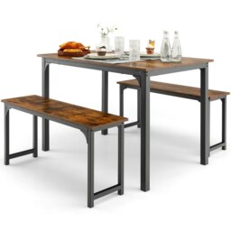 COSTWAY 3 PCS Dining Table Set Dining Table & 2 Benches Brown 3
