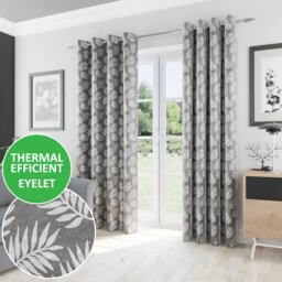 Oakland Grey Leaf Pattern, Thermal, Room Darkening Pair of Curtains with Eyelet Top - 66 x 72 inch (168x183cm)