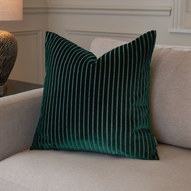 Paoletti Savoy Stripe Velvet Cushion Green Emerald