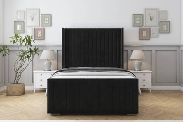 "Sloomy Marlborough Black Plush Bed Frame With Mattress With 50"" Upholstered Wingback Headboard 2'6 Small Single"