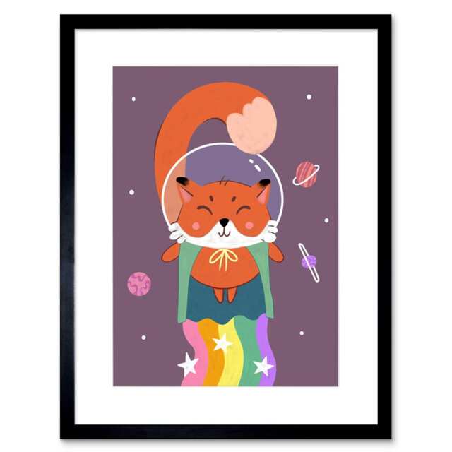 "Rainbow Fox Space Astronaut Cartoon Kids Bedroom 9x7"" Black Framed Wall Art Print"