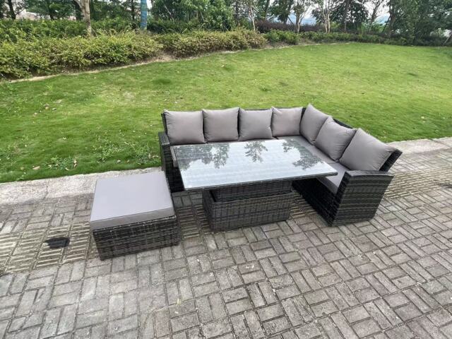 Fimous 7 Seater Outdoor Rattan High Back Adjustable Rising Lifting Dining Table Corner Sofa Set Garden Furniture Dark Grey Mixed Right Hand