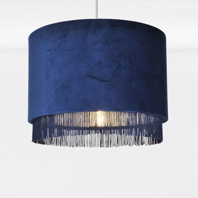 Navy Velvet With Chrome Inner Tassled Light Shade Blue Chrome Large 1
