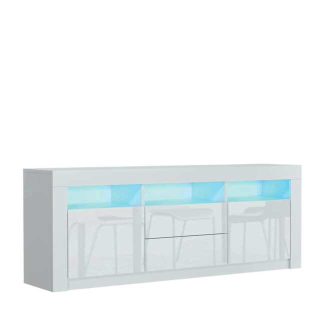 TV Unit 160cm White Gloss Doors & Drawers Free LED Matt Body White One Size 1