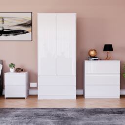 Vida Designs Glinton 3 Piece FSC Certified Bedroom Set (2 Drawer Bedside Chest, 3 Drawer Chest, 2 Door 2 Drawer Wardrobe), White White White