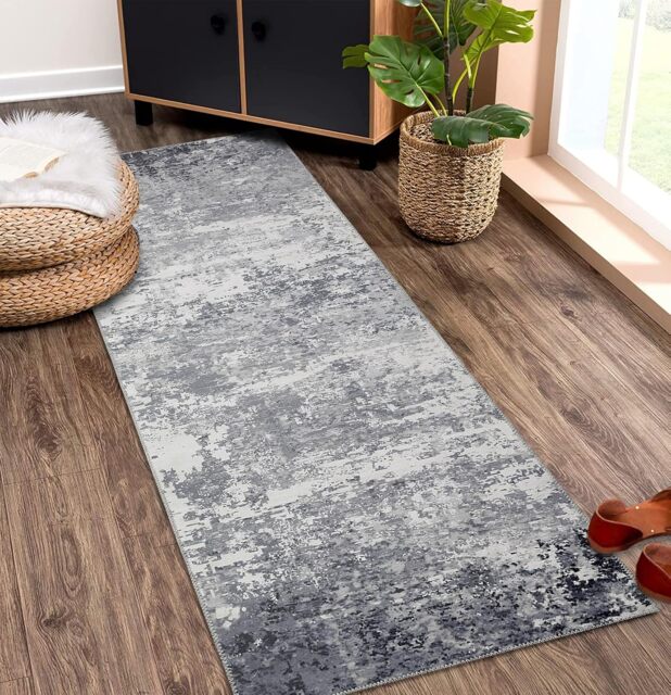 London Boutique Abstract Area Rug, Washable Non‑Shedding Stain‑Resistant Soft Rug, Grey, 80 x 150 cm