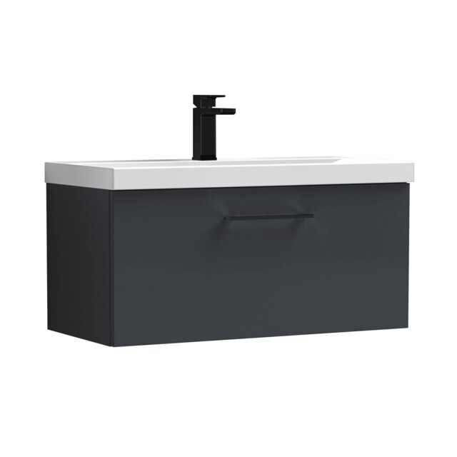 Balterley Wall Hung Bathroom 1 Drawer Vanity Unit and 1 Tap Hole Ceramic Basin, with Handle Grey Soft Black
