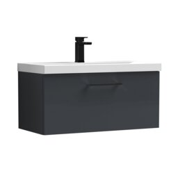 Balterley Wall Hung Bathroom 1 Drawer Vanity Unit and 1 Tap Hole Ceramic Basin, with Handle Grey Soft Black