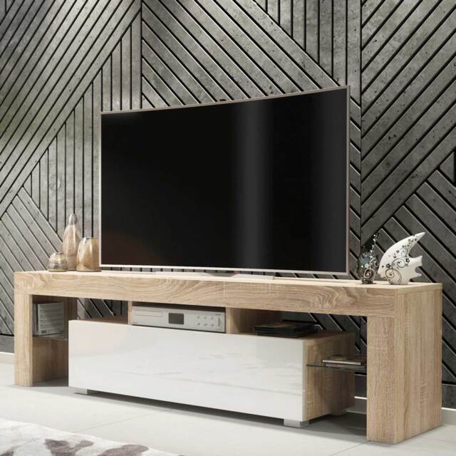 TV Unit TV Stand Cabinet Sideboard Media Cabinet Entertainment Unit Storage Oak White High Gloss Doors Glass Shelves Living Room Furniture 160cm