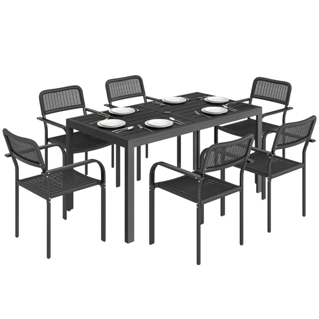 Outsunny Garden Dining Set with Umbrella Hole for 6 People, Black Black Black Table: 150 x 80 x 74 cm Chair: 55 x 60 x 83 cm