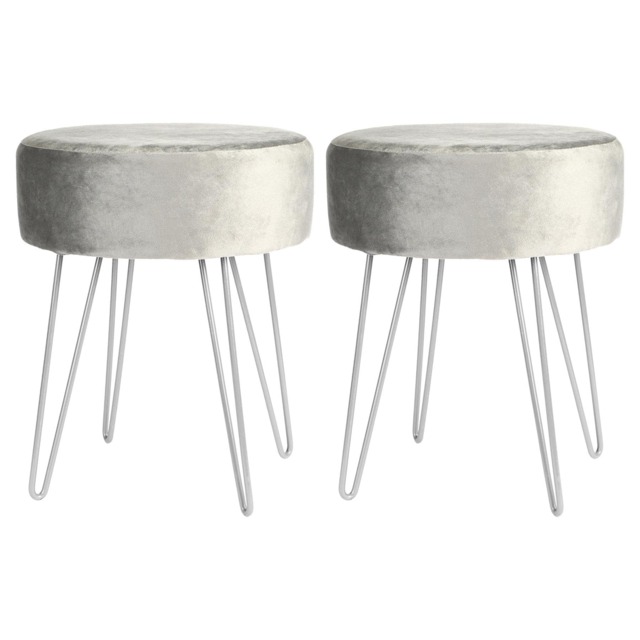 Harbour Housewares 2x Velvet Footstools - Round Modern Dressing Table Footstool Vanity Seat Chairs - 40 x 35cm - Grey/Silver Grey Grey/Silver Pack of 2 2
