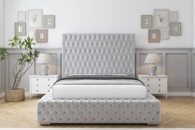 "Sloomy Ambassador Silver Plush Bed Frame With 50"" Upholstered Headboard 4'6 Double"
