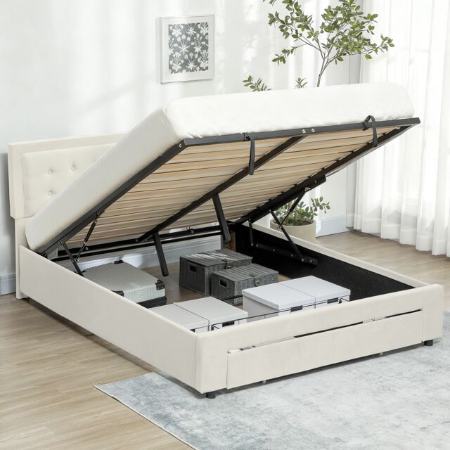 HOMCOM 4ft6 Double Bed Frame with Storage and Adjustable Headboard, Cream