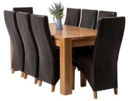 Kuba 180 x 90 cm Chunky Oak Dining Table and 8 Lola Leather Chairs Brown Brown