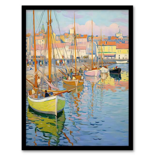 Fishermans Rest Boats Harbour Oil Pastel Black Framed Wall Art Print A4