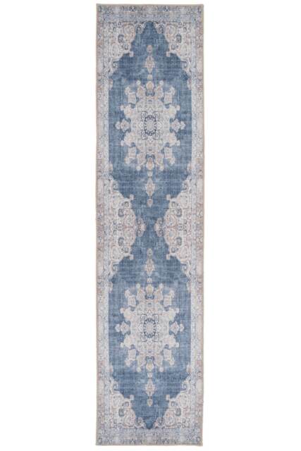 KUKOON Denim Blue Vintage Medallion Non Slip Washable Low Pile Runner Rug 60cm x 240cm Blue
