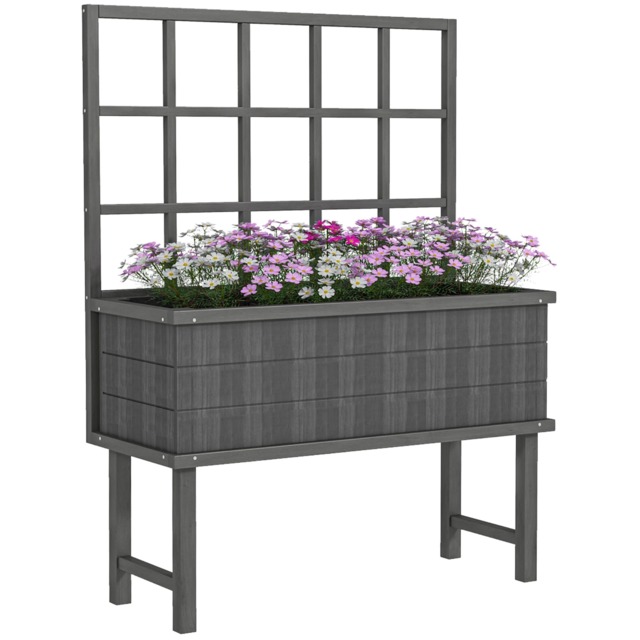Outsunny Wood Raised Planter Trellis Drain Holes Elevated Garden Bed Grey