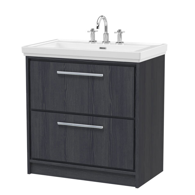 Balterley Longnor 2 Drawer Floor Standing Vanity Unit with 3 Tap Hole Traditional Fireclay Basin, Woodgrain Graphite Grey, 800mm