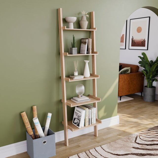Vida Designs York 5 Tier Tall Ladder Bookcase Living Room Organiser Display Storage Unit - Pine