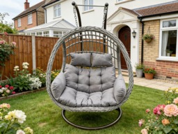 Fimous Indoor Outdoor Hammock Patio Rattan Two Seater Egg Hanging Chair Garden With Grey Thick Cushion