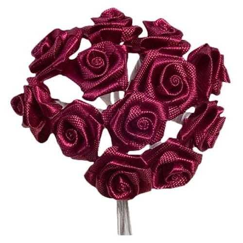 Burgundy Fabric Ribbon Roses - Bunch of 12