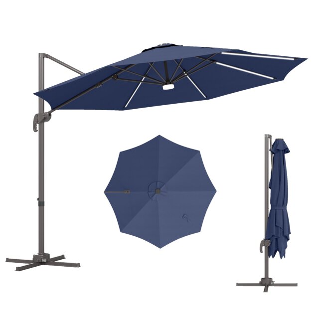 Outsunny 3 m Cantilever Roma Parasol Garden Sun Umbrella Outdoor Patio with 360 Degree Rotation Crank and Tilt Aluminium Frame LED Solar Light Cross Base, Blue