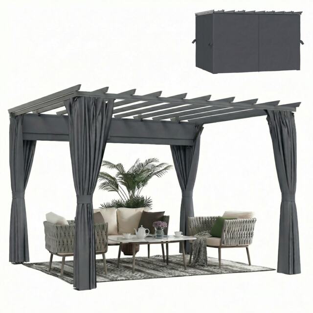 Outsunny 3.6 x 3 m Aluminium Pergola with Retractable Roof Canopy, Curtains Grey Dark Grey 357L x 293W x 225H cm