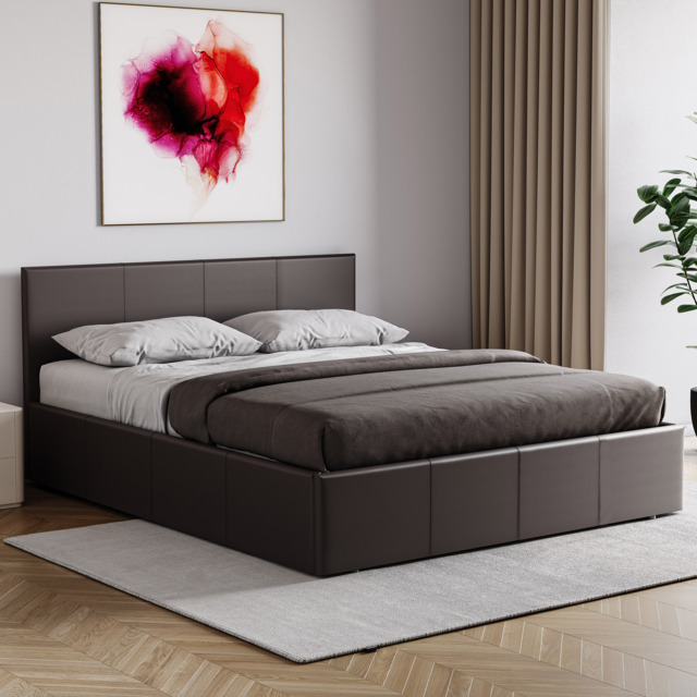 Vida Designs Lisbon 5ft King Size Ottoman Bed Storage Faux Leather, Brown, 150 x 200cm