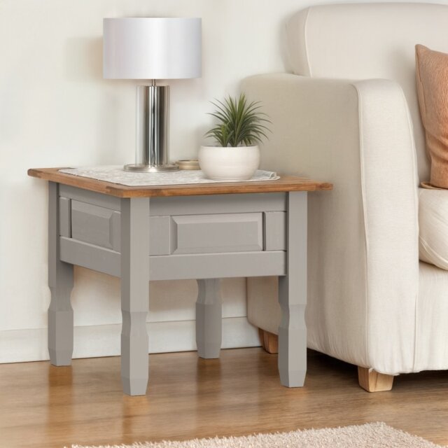 Mercers Furniture Corona Grey Wax Lamp Table Small Coffee Side Unit Solid Wood Pine Wooden Living Room with Mexican Styling